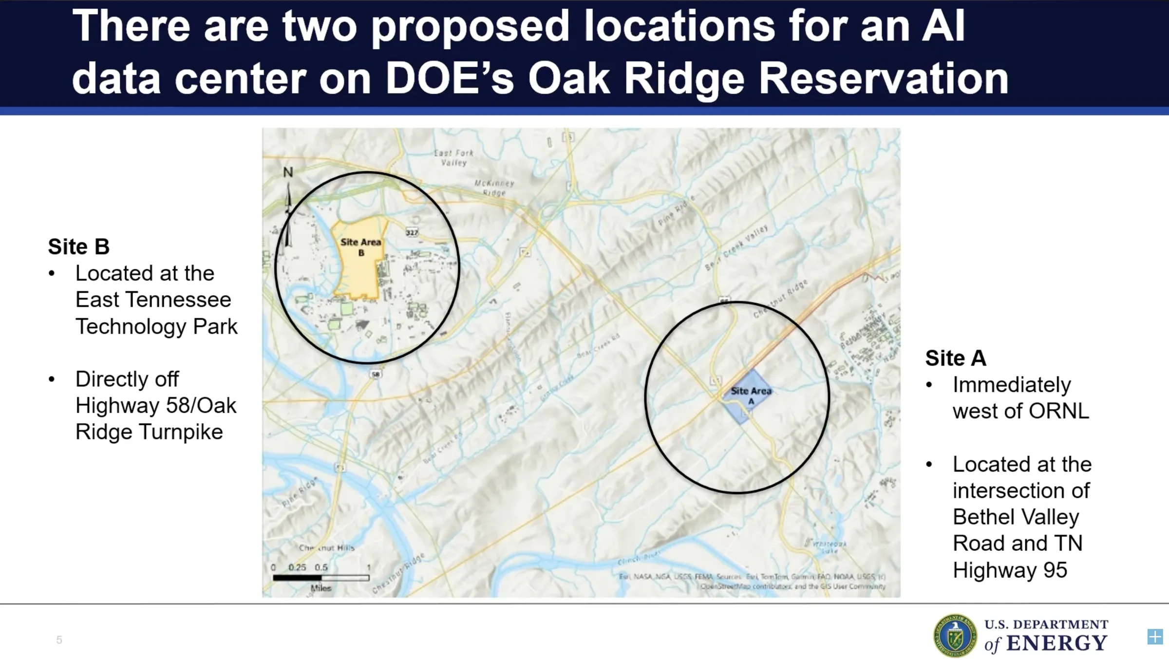 Map of the 2 locations on the Oak Ridge Reservation advertised by DOE as potential sites for AI data centers